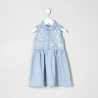 Mini girls blue embroidered denim dress